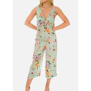 Zara Basic Satin Mint Seafoam Green Floral Wide Leg Ankle Jumpsuit Romper S